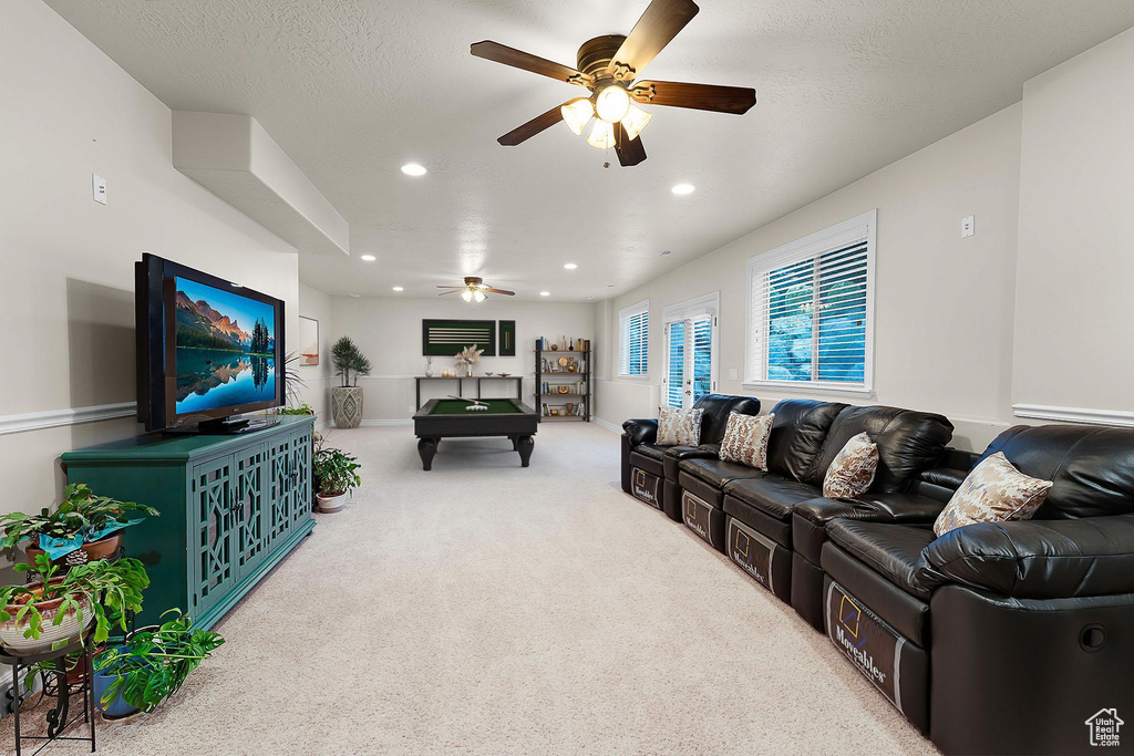 Living room featuring ceiling fan, recessed lighting, carpet, and pool table
