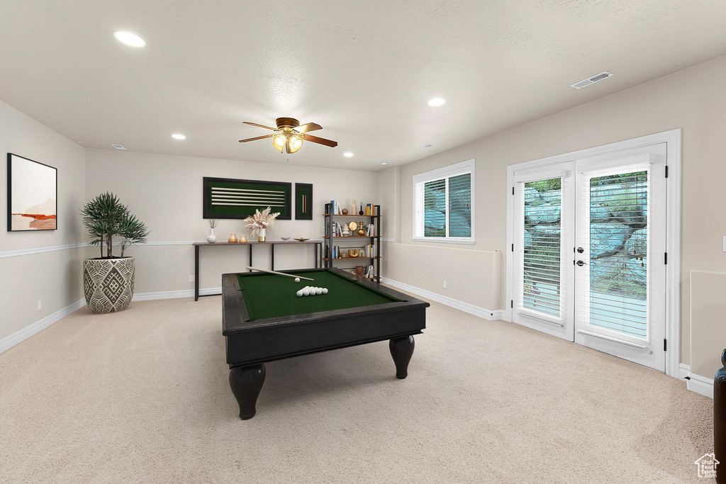 Recreation room featuring carpet floors, billiards table, baseboards, recessed lighting, and ceiling fan