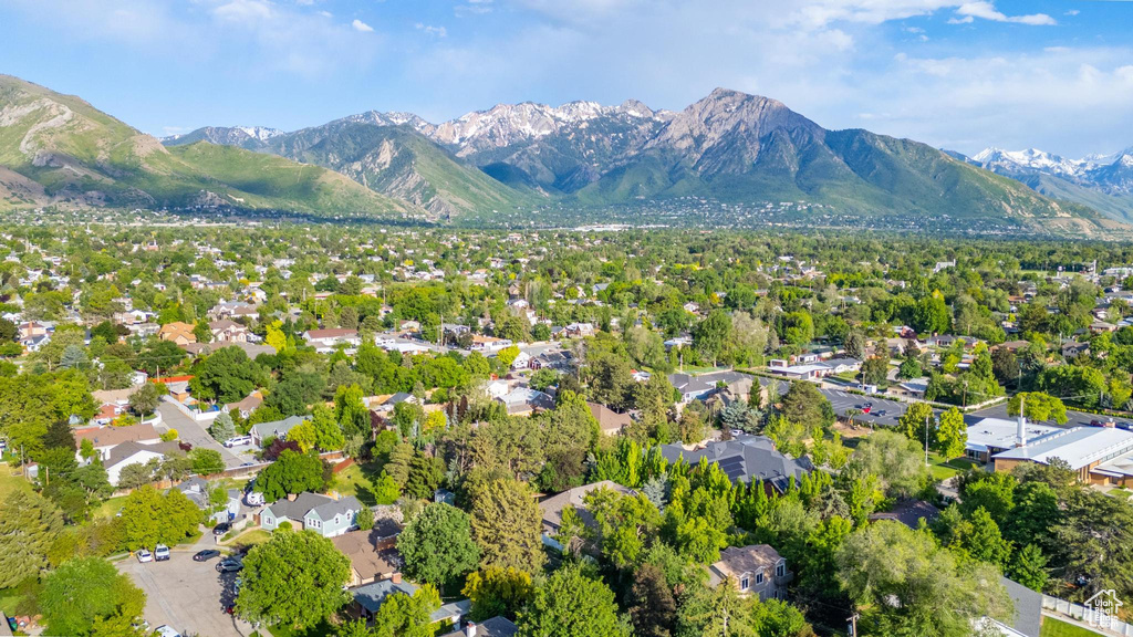 Aerial view of residential area with mountains