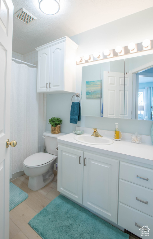 Bathroom with vanity, toilet, wood finished floors, and a textured ceiling