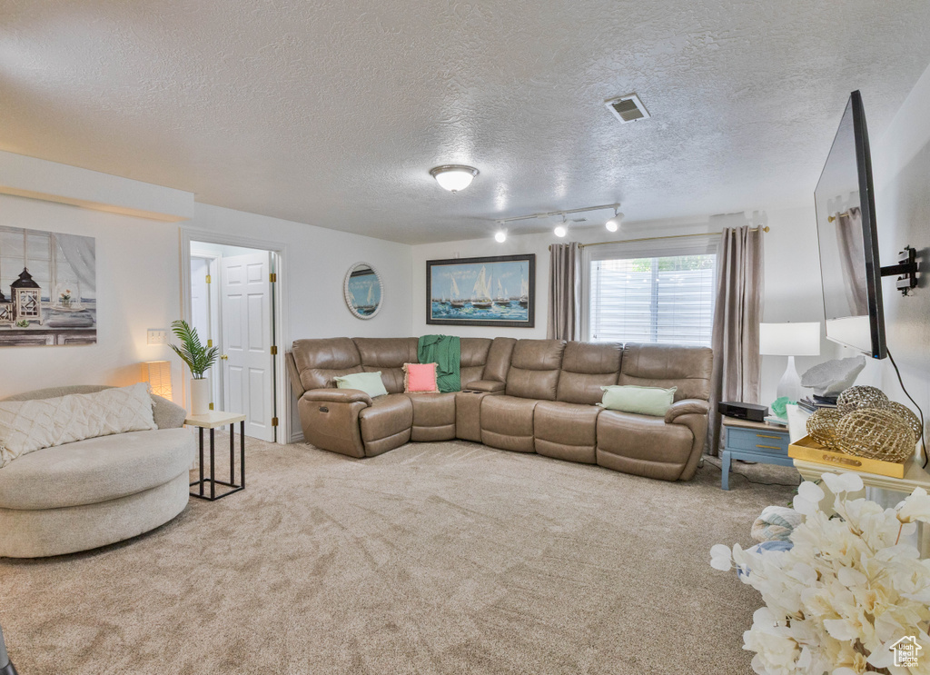 Living area with a textured ceiling and carpet