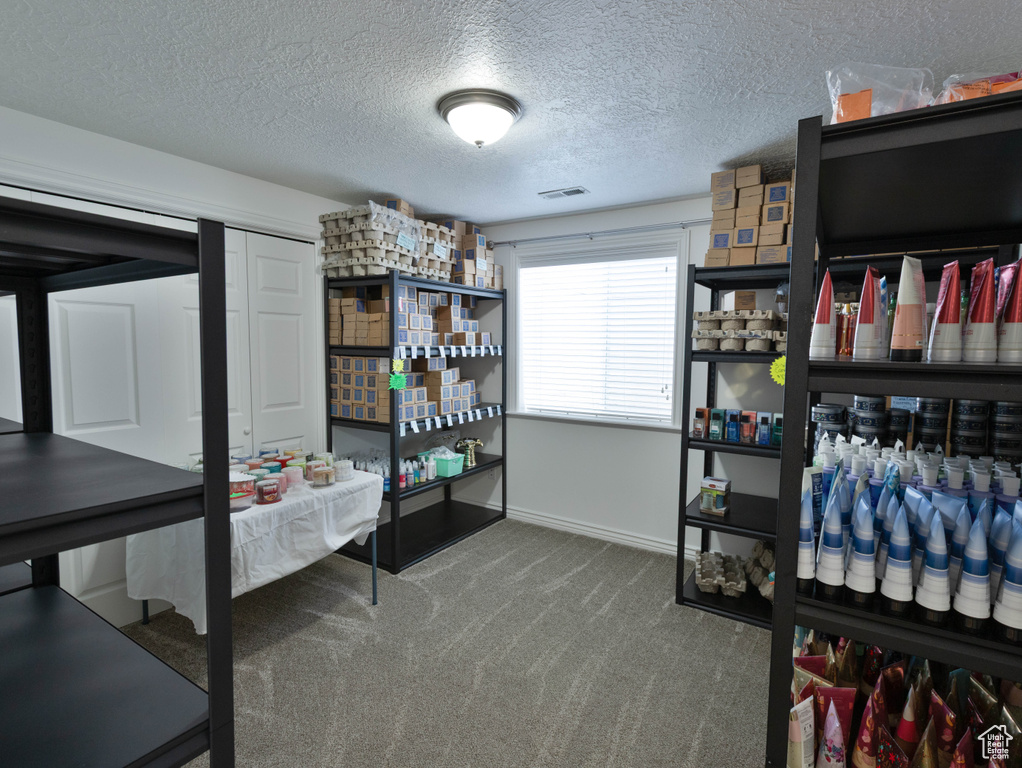 Bedroom with carpet flooring, a textured ceiling, and baseboards
