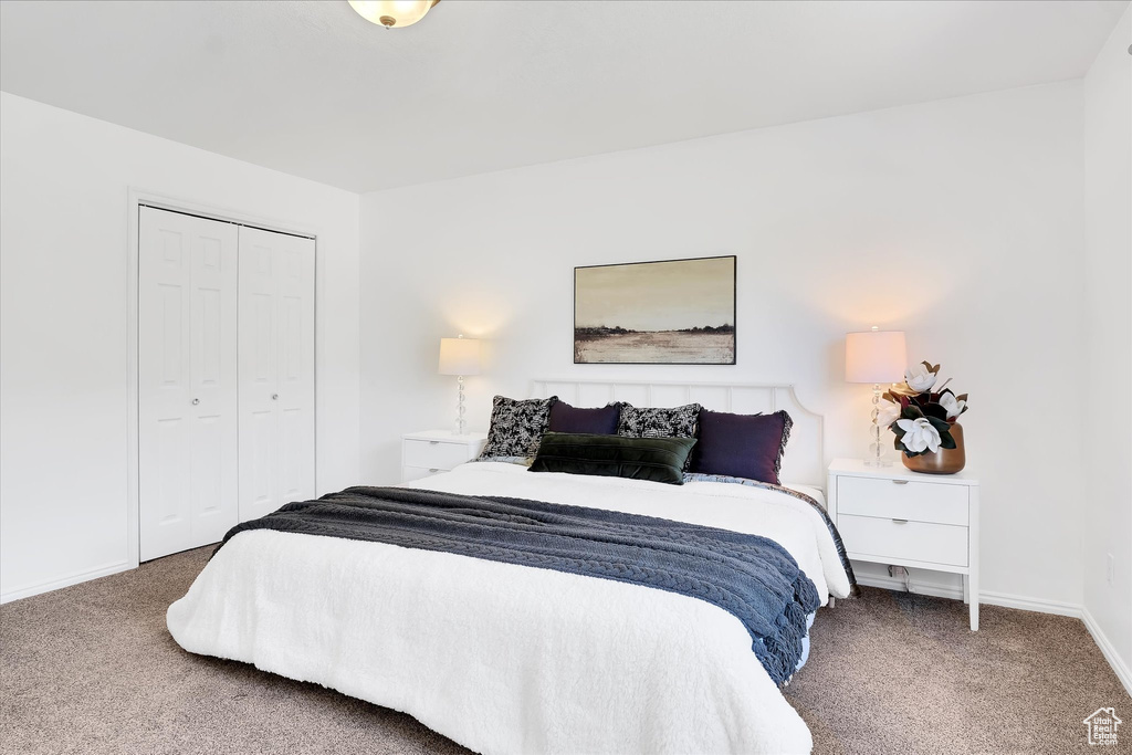 Carpeted bedroom featuring baseboards and a closet