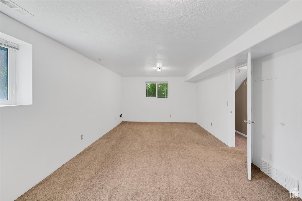 Below grade area featuring light colored carpet and a textured ceiling