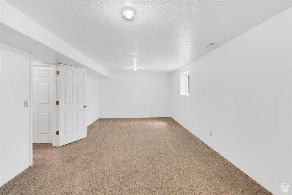 Below grade area featuring carpet floors and a textured ceiling