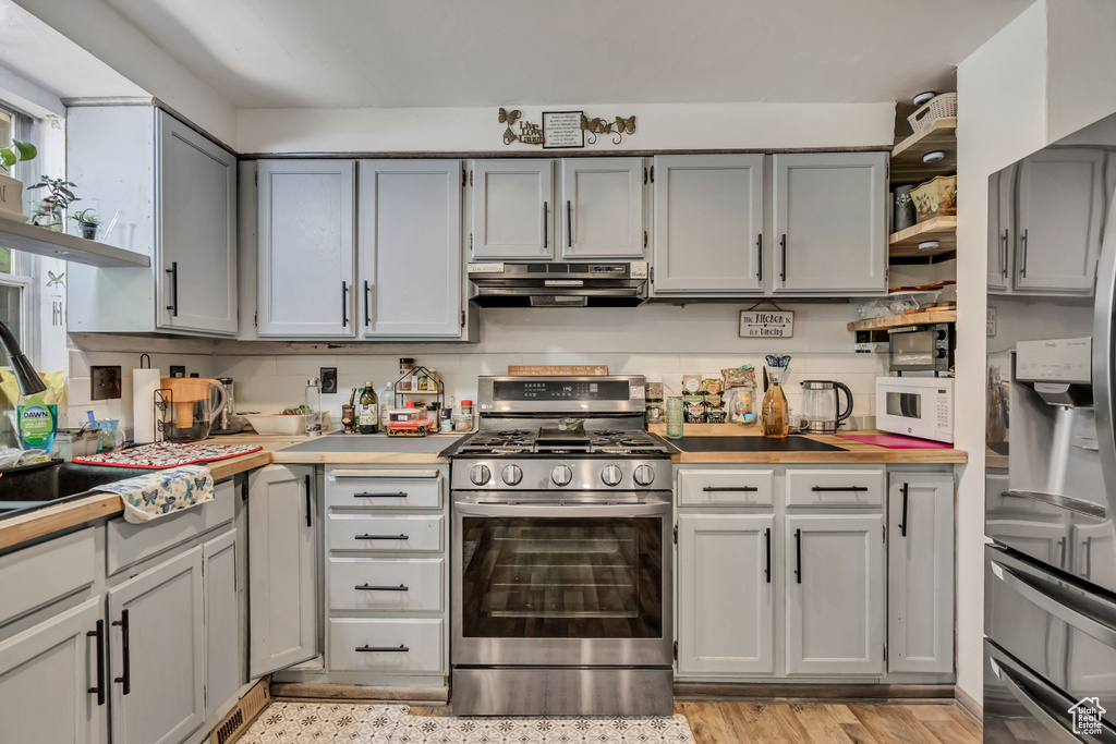 Kitchen with stainless steel appliances, under cabinet range hood, open shelves, and light countertops