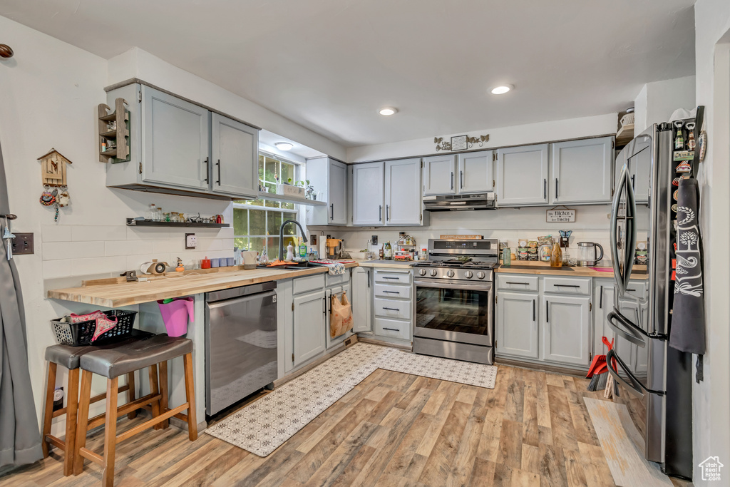 Kitchen featuring appliances with stainless steel finishes, under cabinet range hood, a sink, light wood finished floors, and gray cabinets