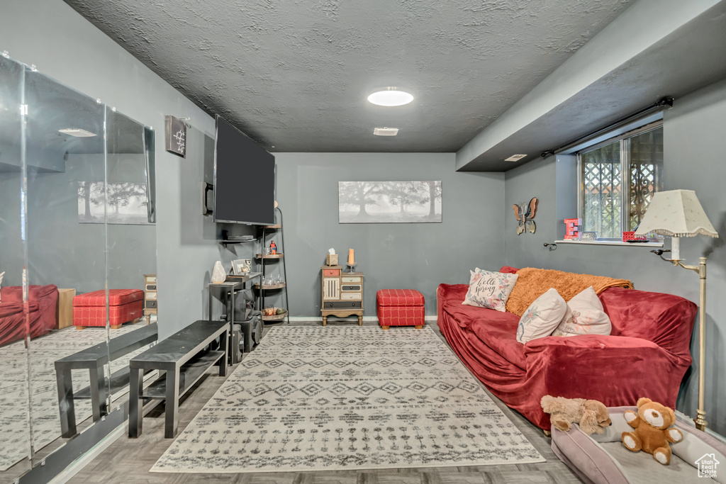 Living area featuring baseboards and a textured ceiling