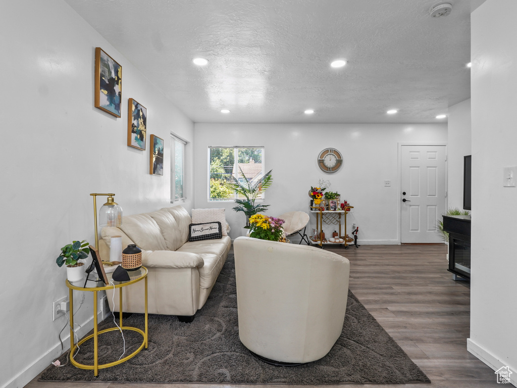Living room with wood finished floors, recessed lighting, baseboards, and a textured ceiling