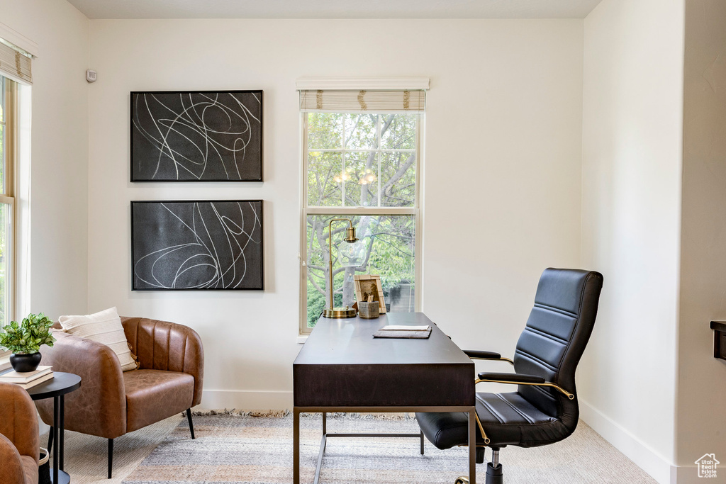 Carpeted office with plenty of natural light and baseboards