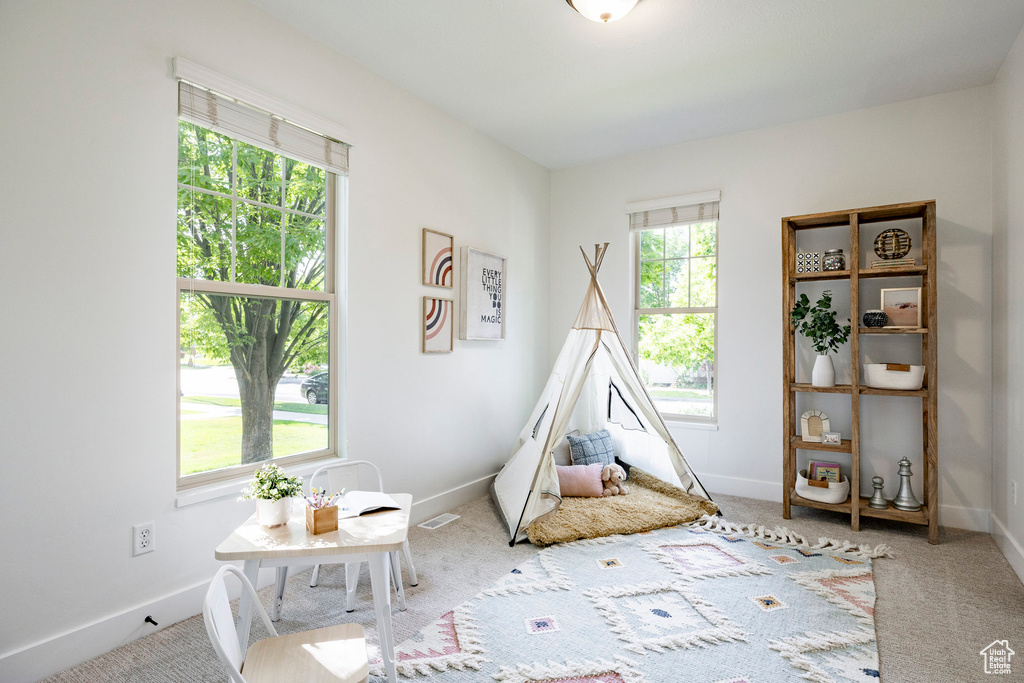 Recreation room featuring baseboards and carpet flooring