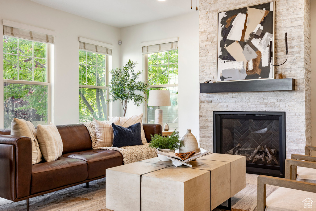 Living area featuring a stone fireplace and wood finished floors