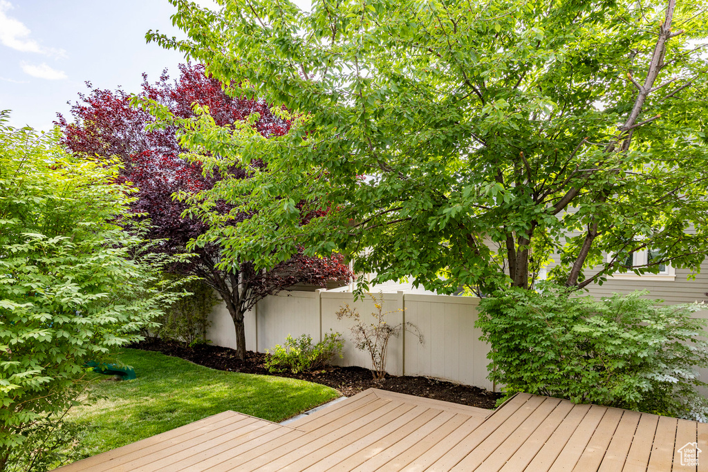 Wooden terrace with a fenced backyard