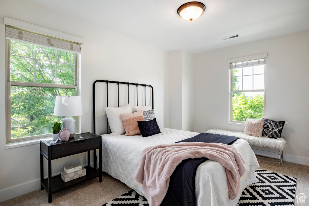 Carpeted bedroom with multiple windows and baseboards