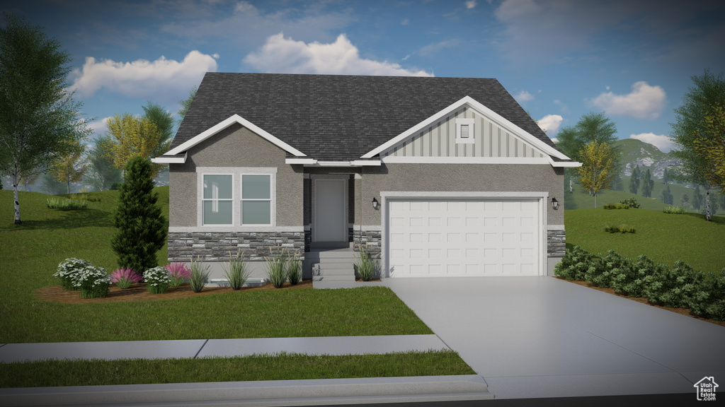 Craftsman-style home with stone siding, driveway, an attached garage, and a front lawn