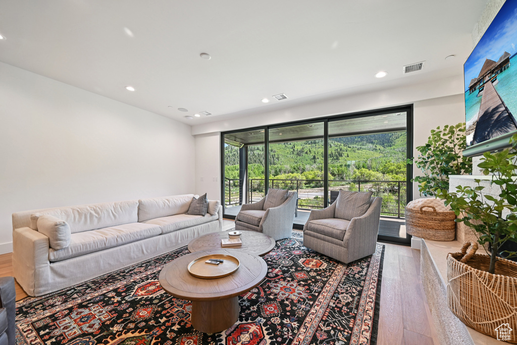 Living room featuring wood finished floors, healthy amount of natural light, and recessed lighting
