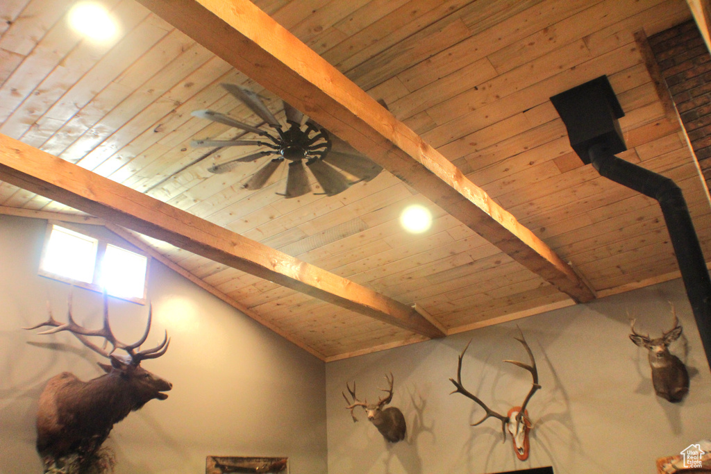 Detailed view of wood ceiling with exposed beams