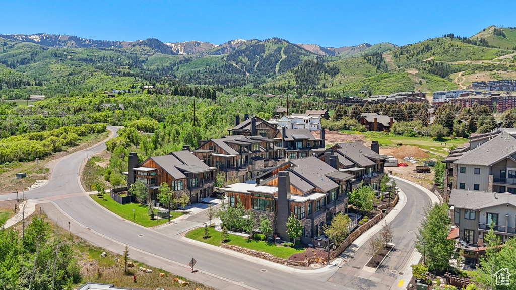 Aerial view of residential area featuring a mountain backdrop and a forest