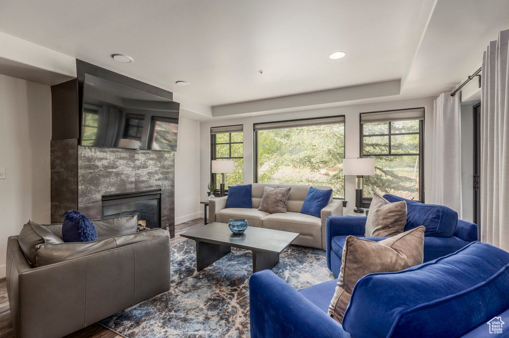 Living area featuring baseboards, a raised ceiling, a fireplace, wood finished floors, and recessed lighting
