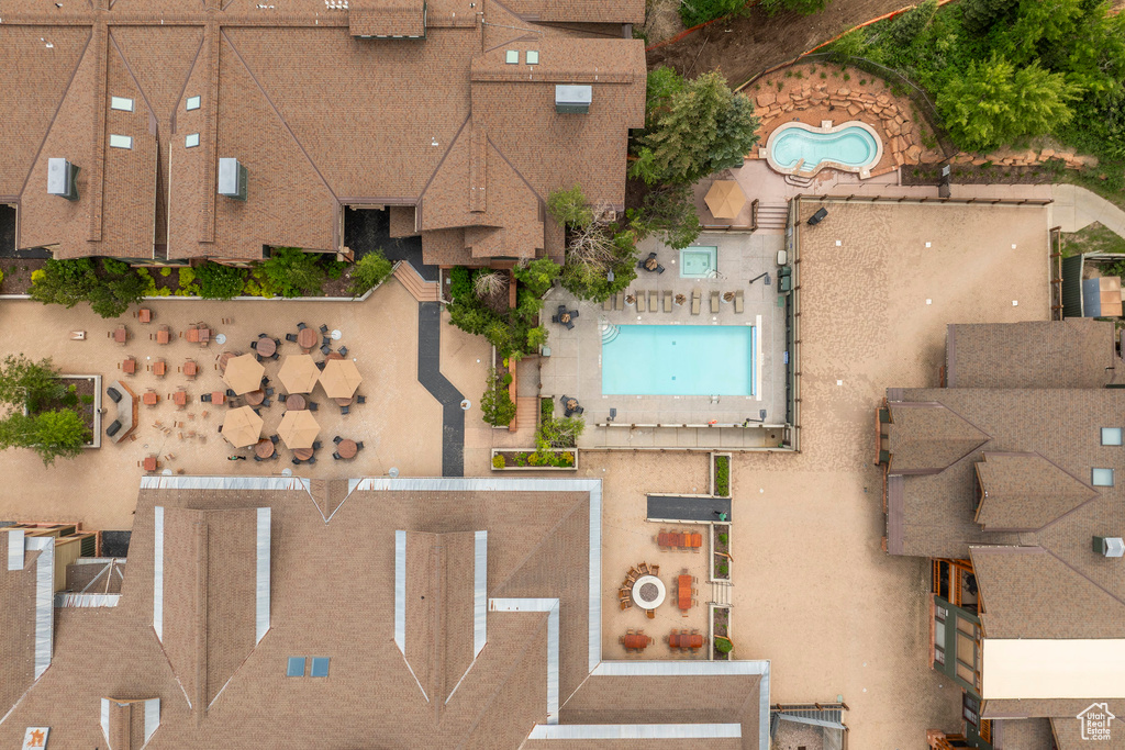 View from above of property featuring a pool area