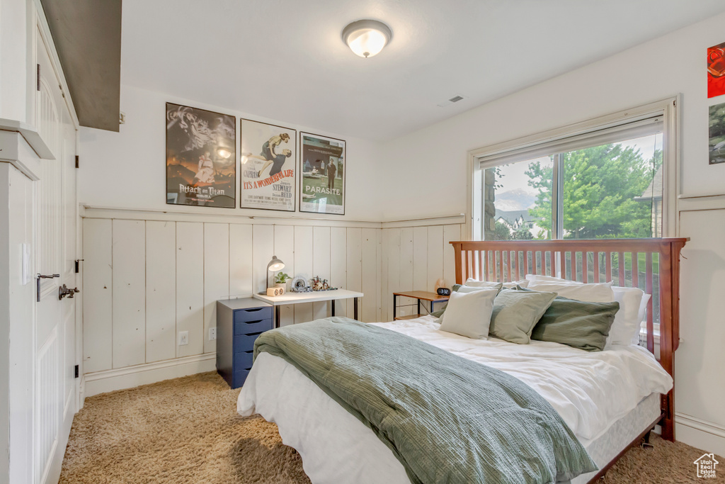 Bedroom featuring a wainscoted wall and carpet floors