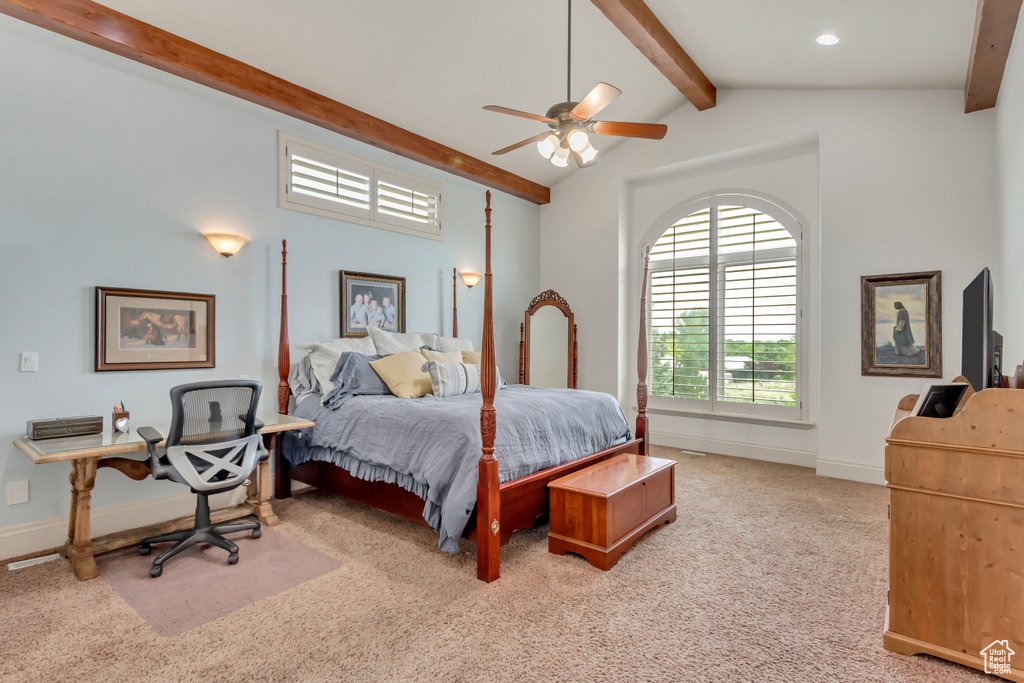 Bedroom featuring carpet, baseboards, and ceiling fan