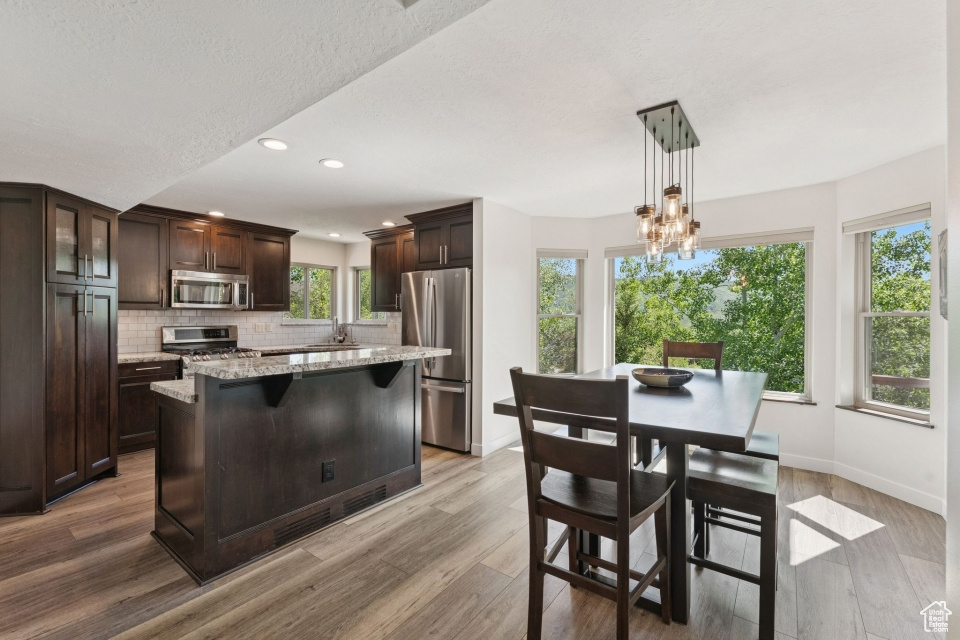 Kitchen with stainless steel appliances, dark brown cabinetry, tasteful backsplash, light wood finished floors, and recessed lighting
