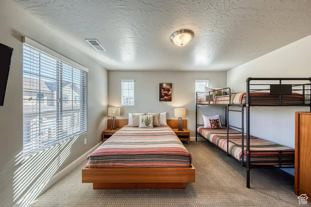 Carpeted bedroom with multiple windows, a textured ceiling, and baseboards