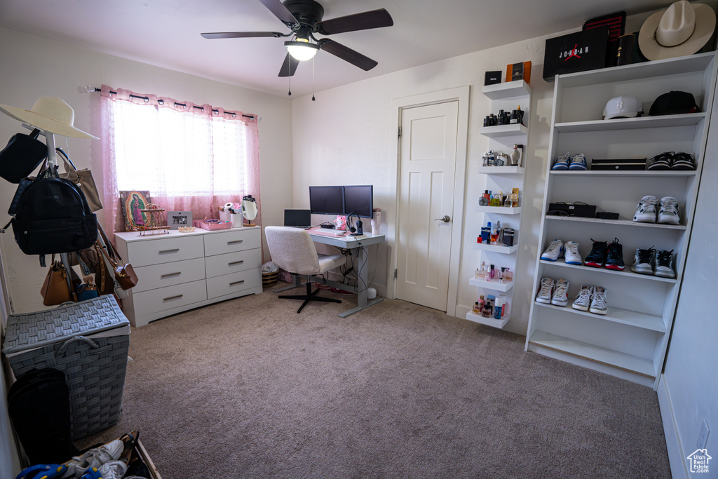 Carpeted office with a ceiling fan