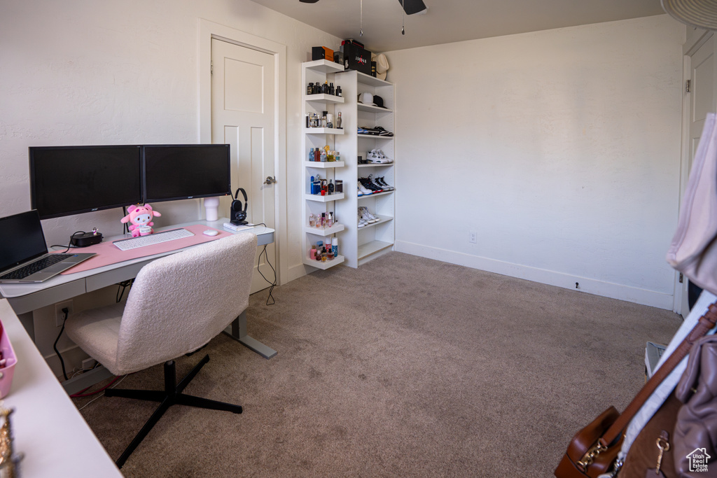 Home office featuring a ceiling fan, carpet floors, and baseboards