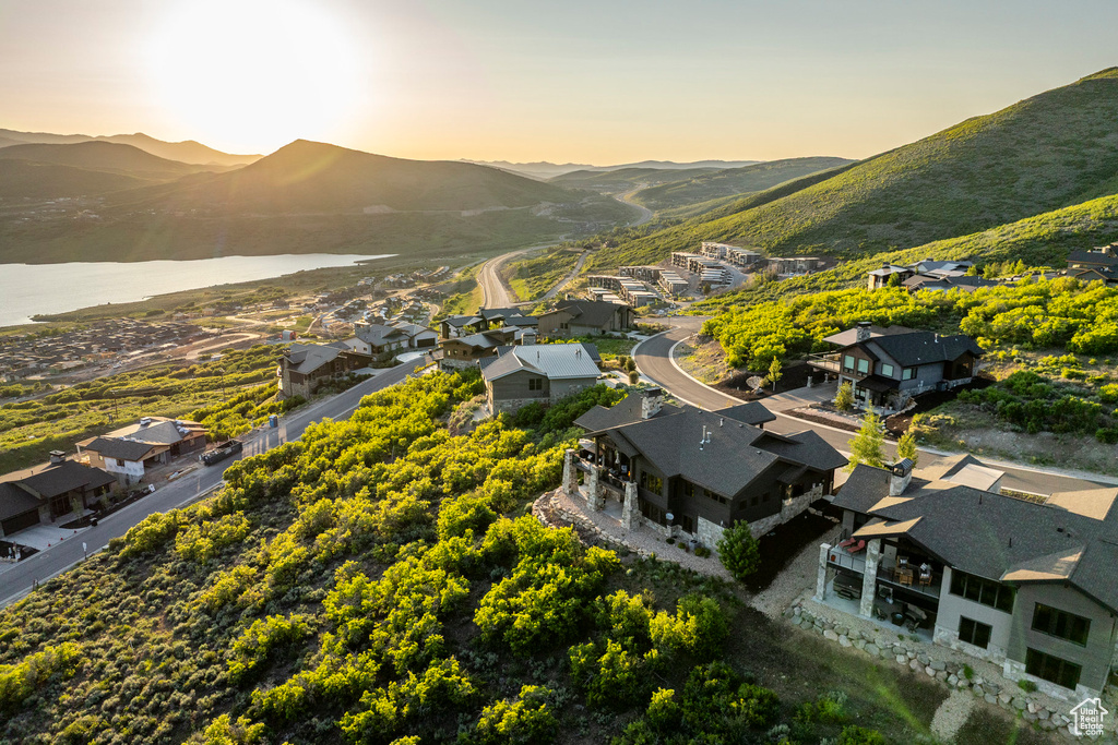 Aerial view at dusk of a mountain view and a residential view