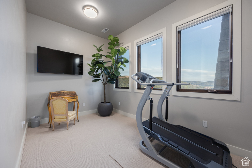 Exercise area featuring carpet flooring and baseboards