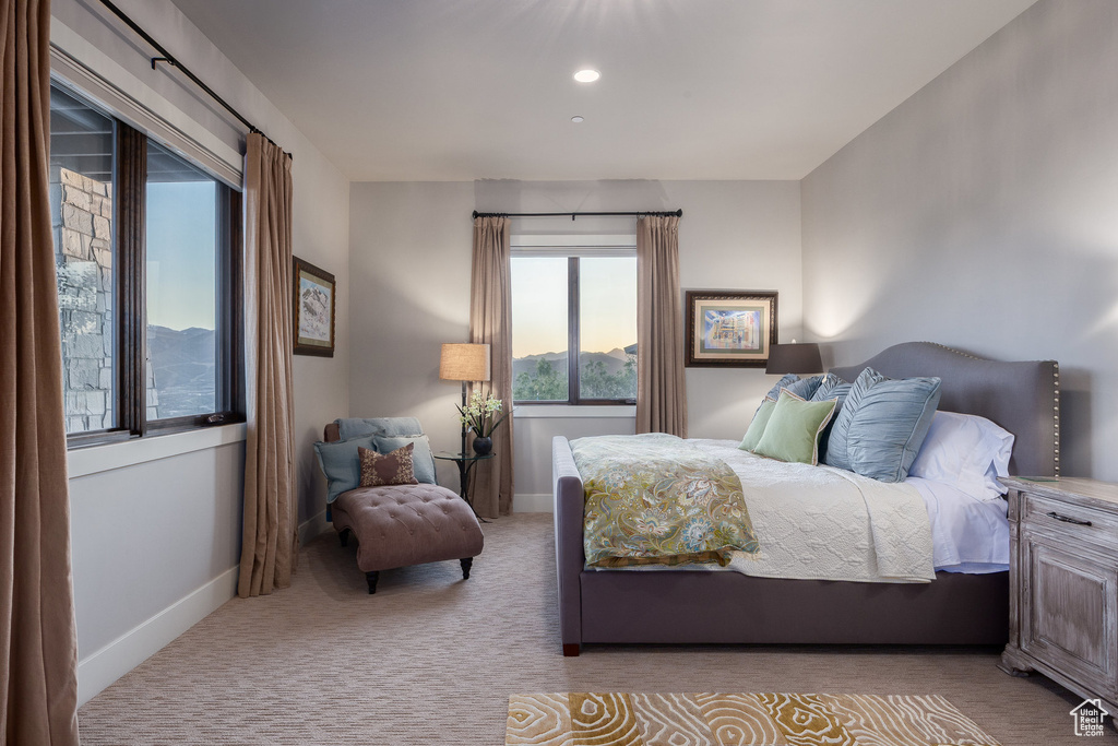 Bedroom featuring light carpet, baseboards, and recessed lighting