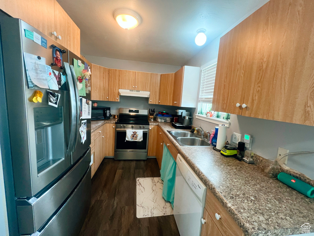 Kitchen with stainless steel appliances, a sink, under cabinet range hood, and dark wood finished floors