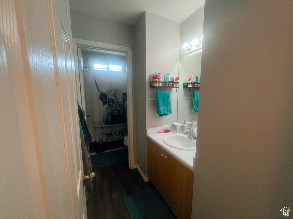 Bathroom with vanity, toilet, and wood finished floors