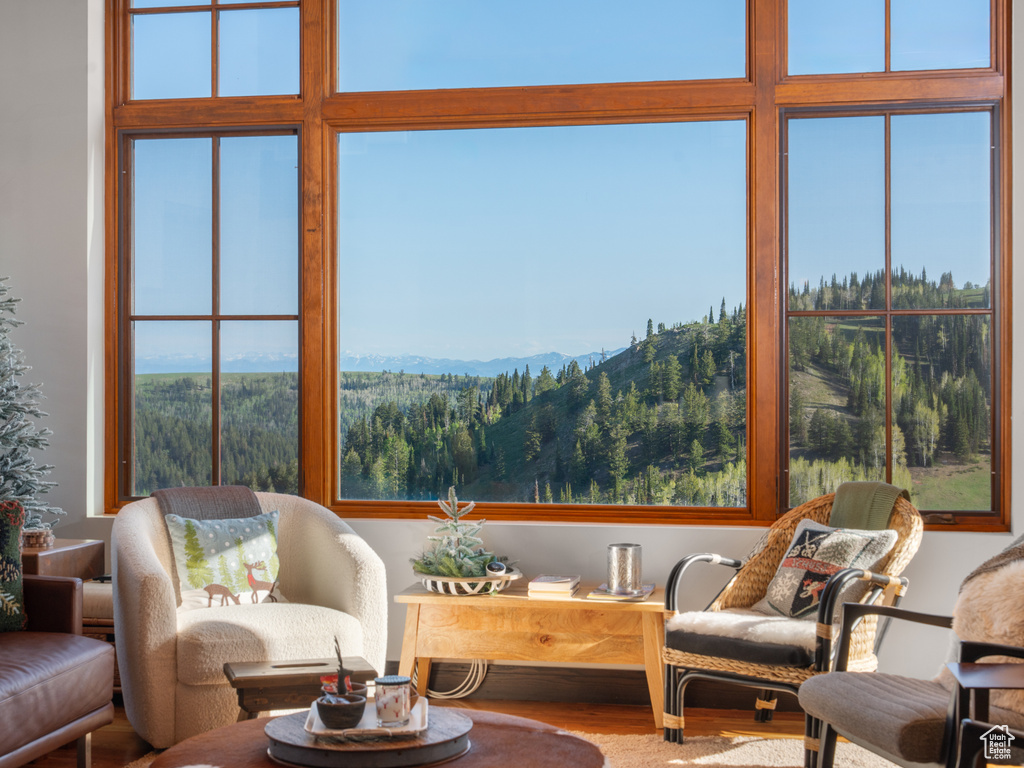Living area with wood finished floors, a mountain view, and healthy amount of natural light