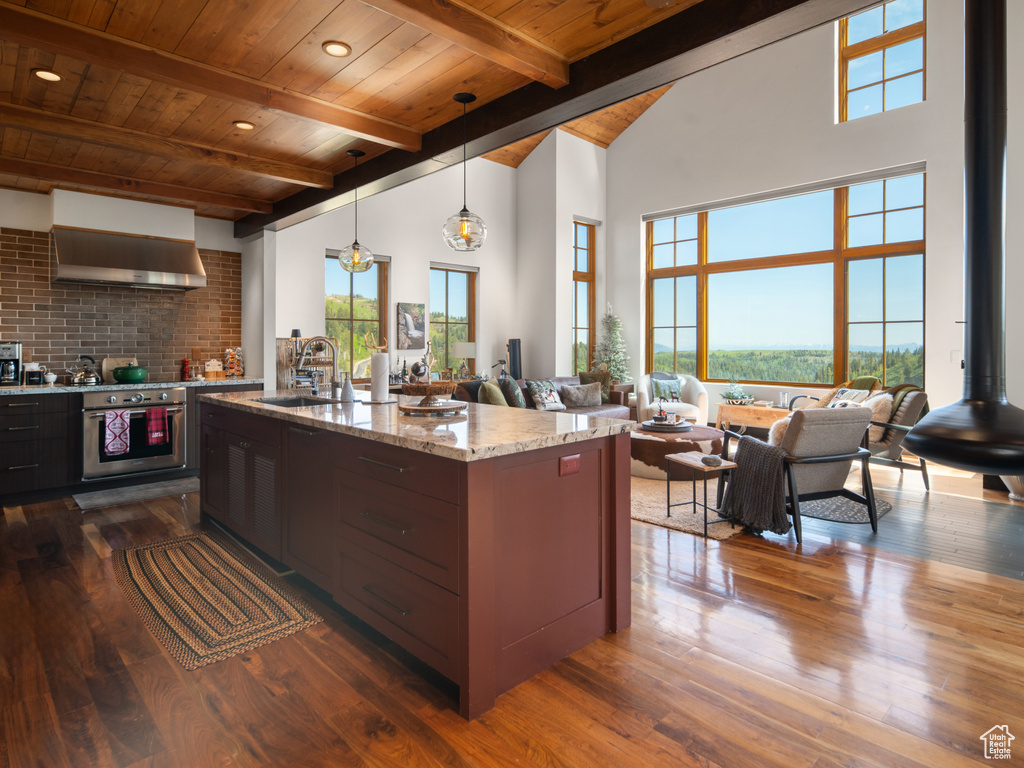 Kitchen featuring oven, wall chimney exhaust hood, a sink, high vaulted ceiling, and dark wood-style flooring