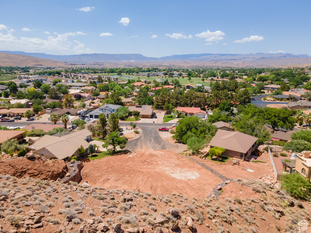 Aerial perspective of suburban area with mountains