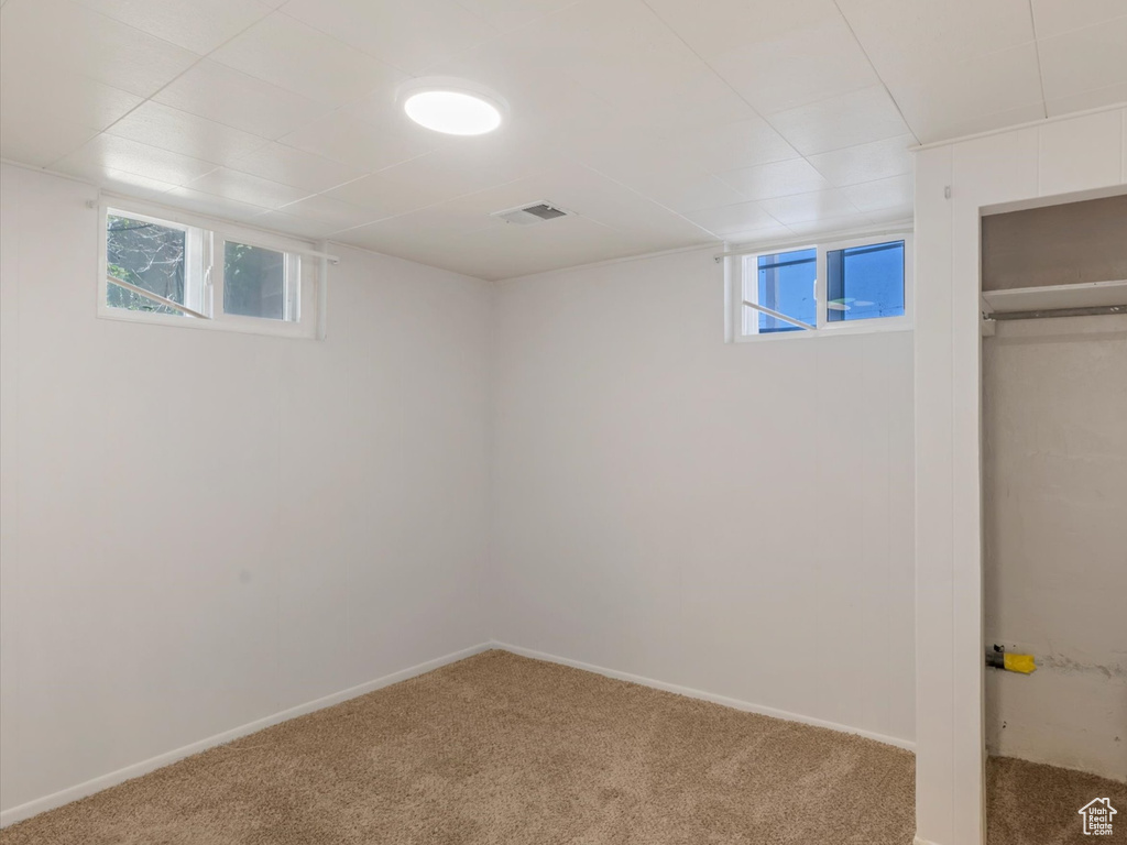 Below grade area featuring carpet, plenty of natural light, and baseboards