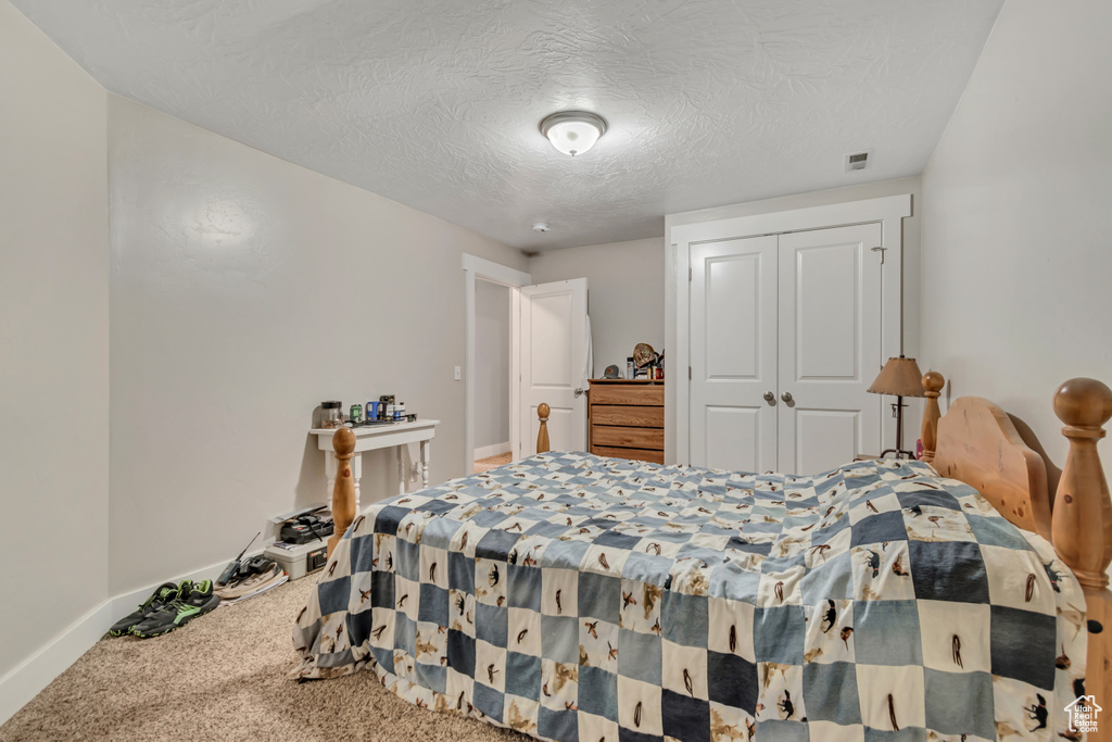 Bedroom with carpet floors, a closet, baseboards, and a textured ceiling