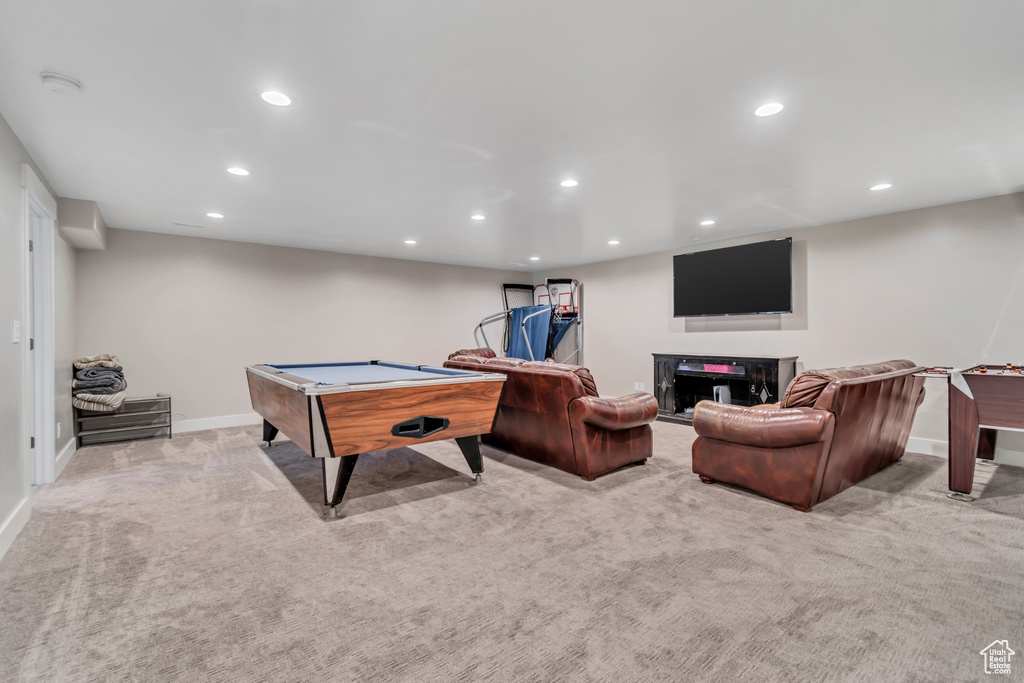 Recreation room with recessed lighting, carpet flooring, baseboards, and billiards