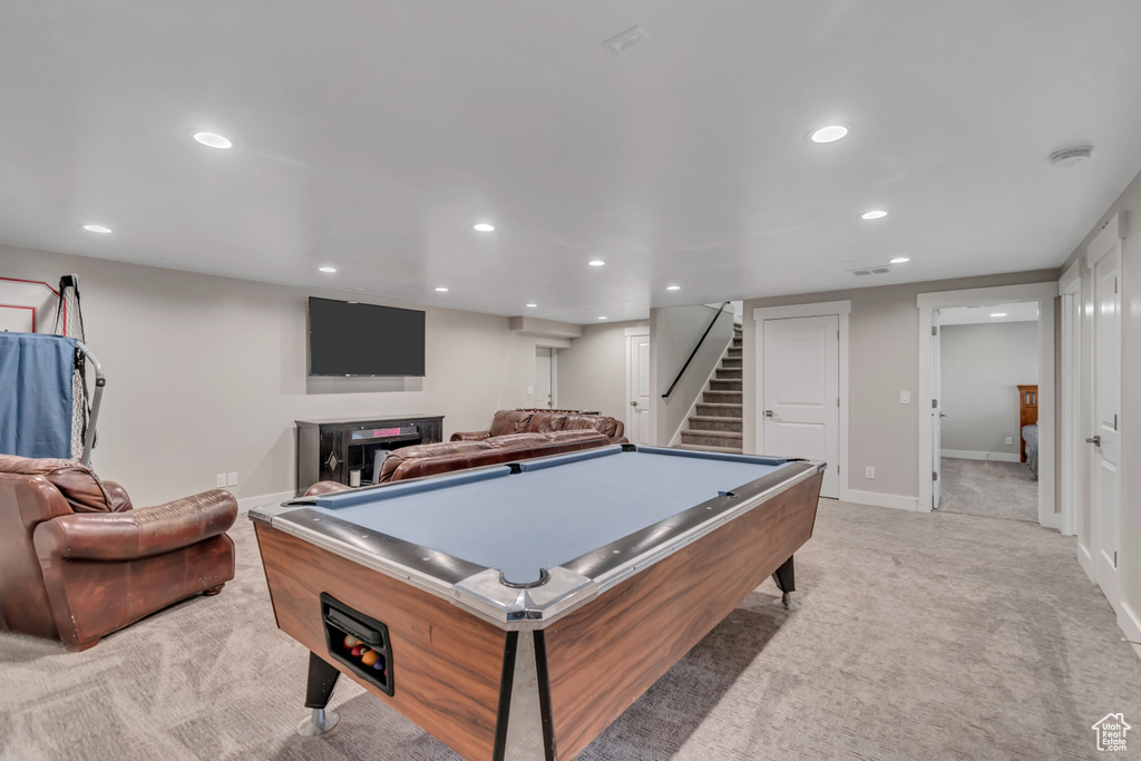 Game room with recessed lighting, light carpet, billiards, and baseboards