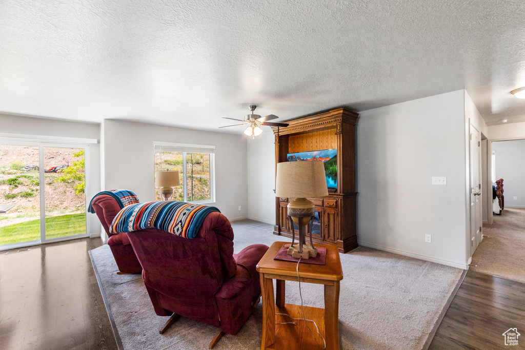 Living room featuring ceiling fan, light wood-style floors, a textured ceiling, and baseboards