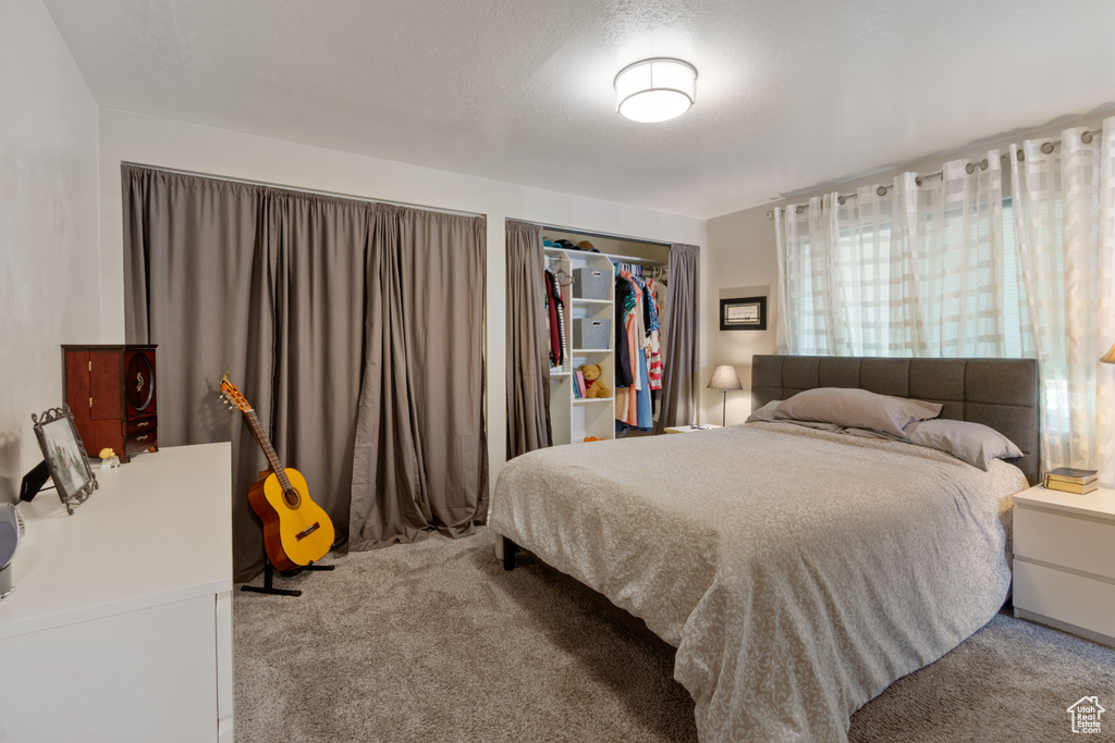 Carpeted bedroom featuring a closet