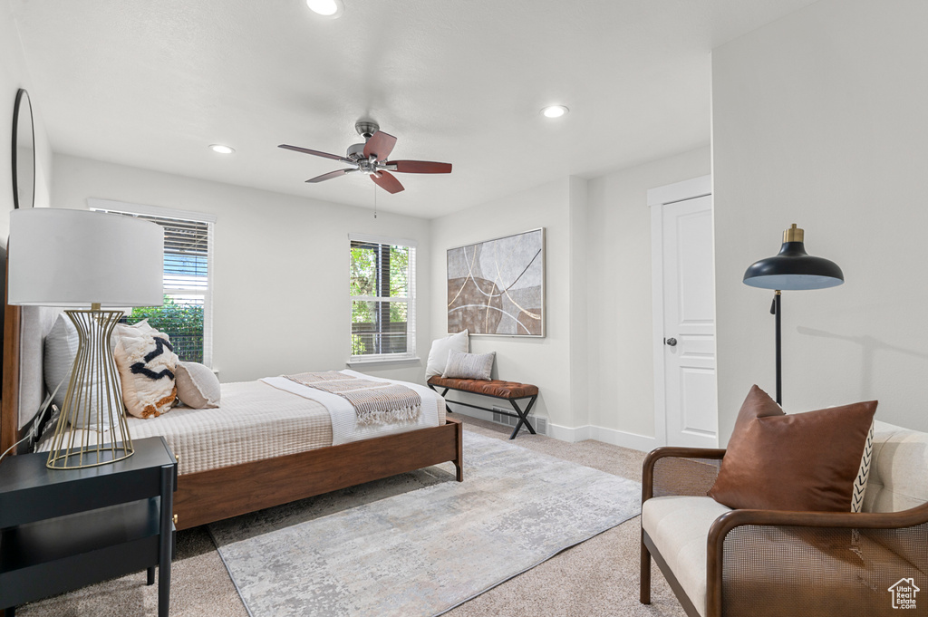 Bedroom featuring carpet, recessed lighting, baseboards, and ceiling fan