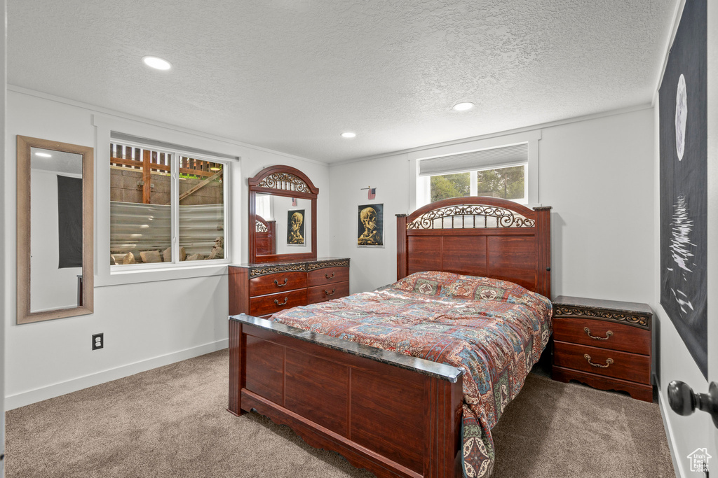 Bedroom featuring carpet, a textured ceiling, recessed lighting, and baseboards