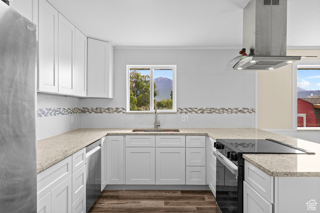 Kitchen featuring appliances with stainless steel finishes, a sink, island exhaust hood, and tasteful backsplash
