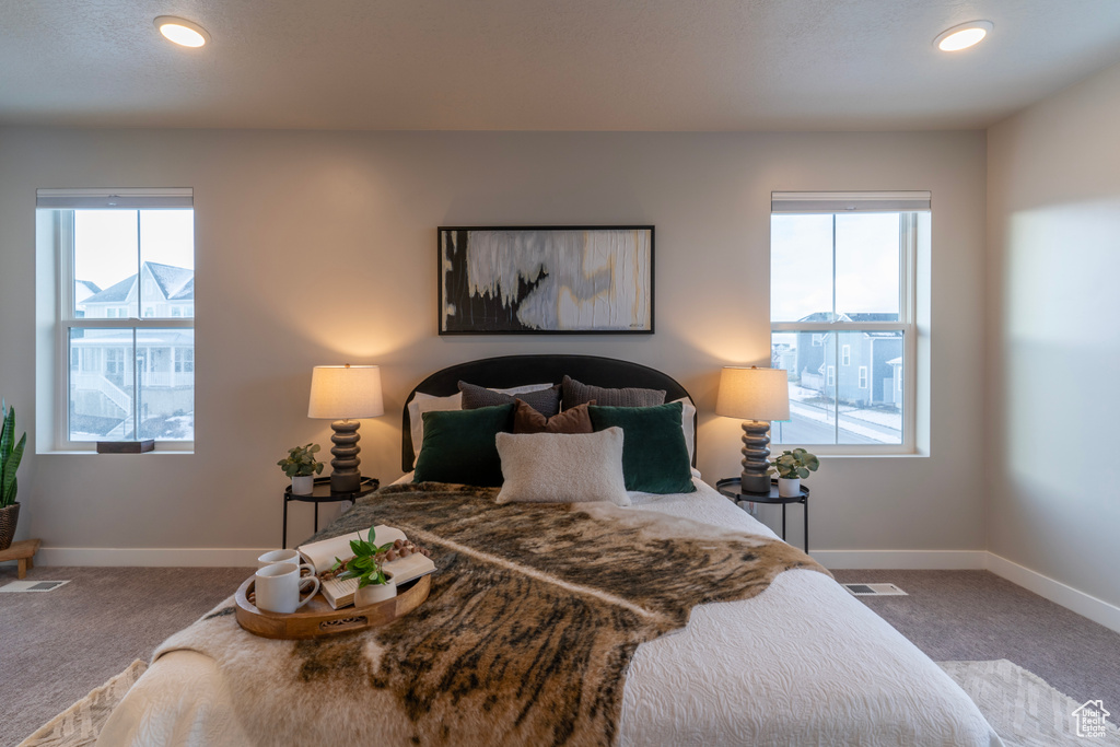 Bedroom featuring carpet floors, multiple windows, and recessed lighting