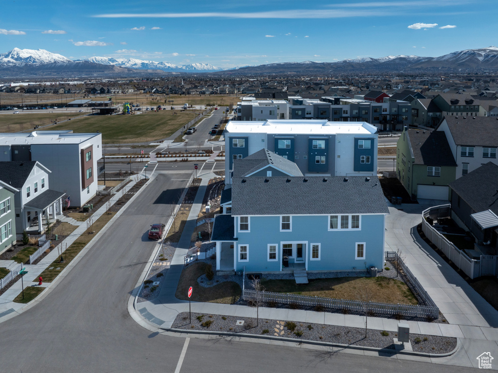 Aerial perspective of suburban area featuring mountains