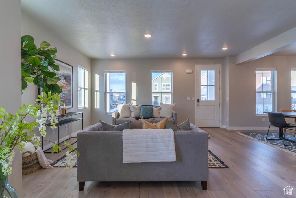 Living room featuring hardwood / wood-style flooring, baseboards, and recessed lighting